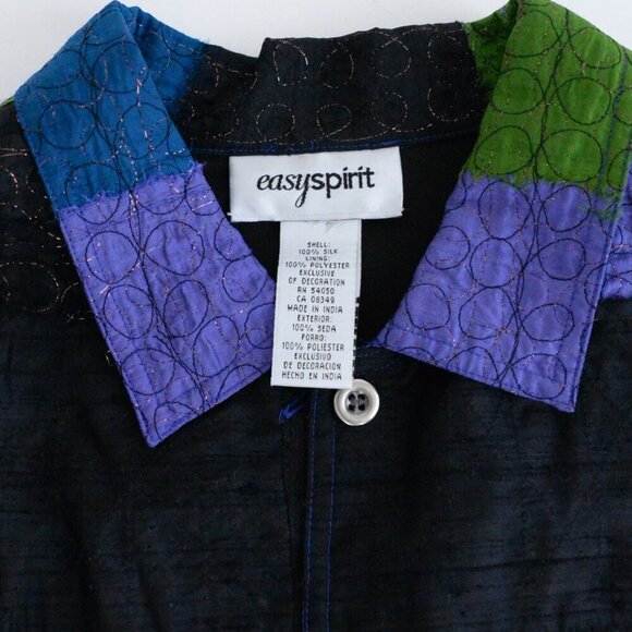 Vintage Easy Spirit Black Purple 100% Silk Patchwork Embroidery Button Jacket XL - Picture 10 of 10